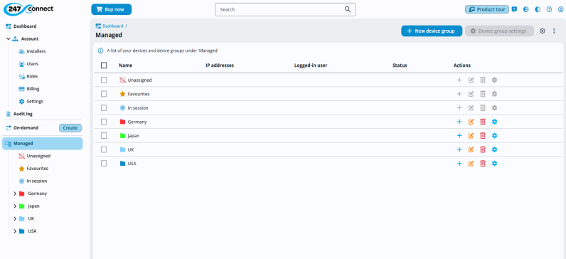 Web Portal with Managed selected in the side menu, showing a list of top-level device groups. The groups listed are Unassigned, Favourites, In session, Germany, Japan, UK, and USA. Each row includes columns for IP addresses, Logged-in user, Status and Actions, with icons for adding, editing, deleting and configuring. A New device group button is at the top, and the Device group settings button is disabled.